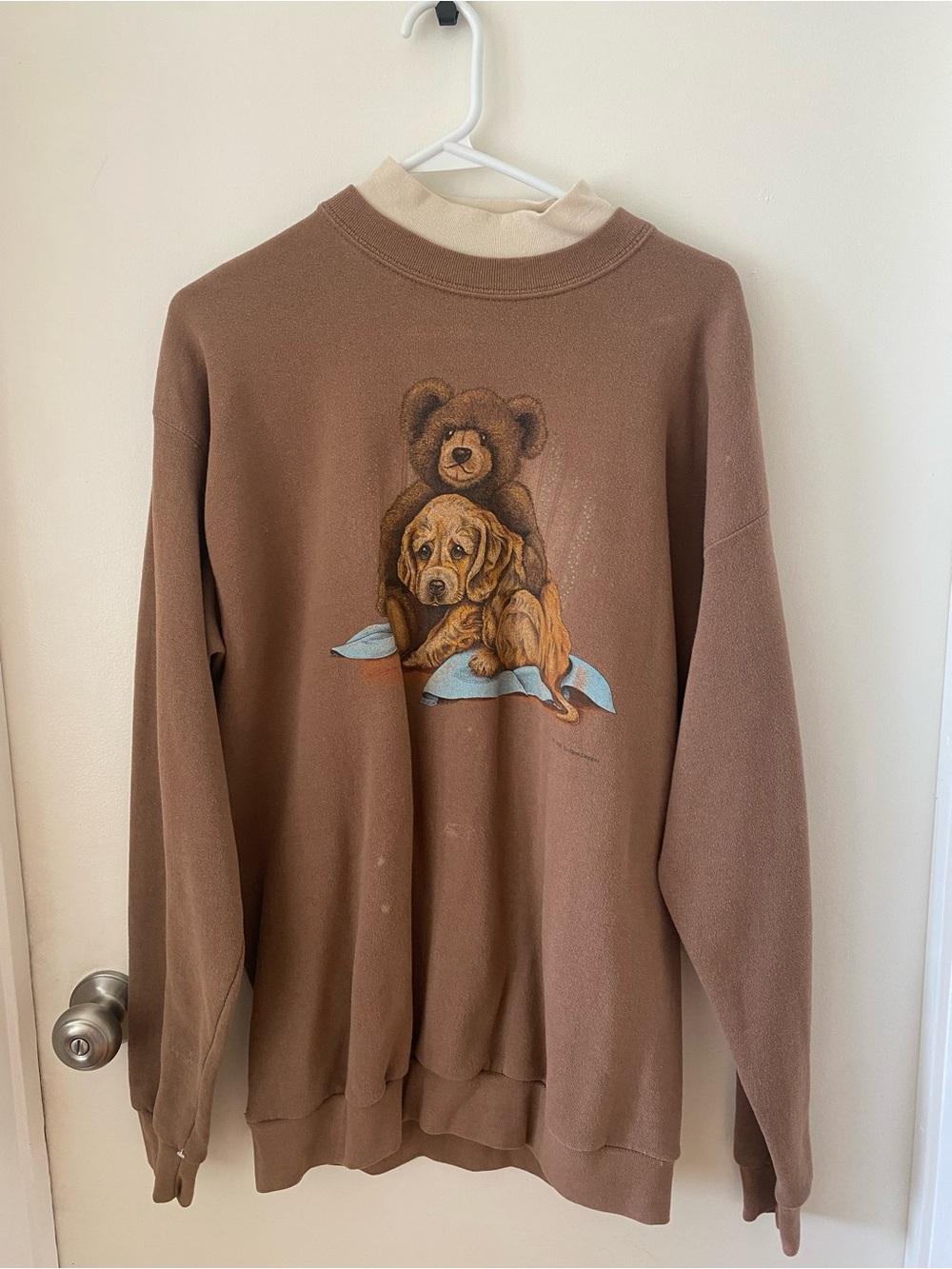 Men's Brown Crewneck Sweater with Bear & Puppy Graphic